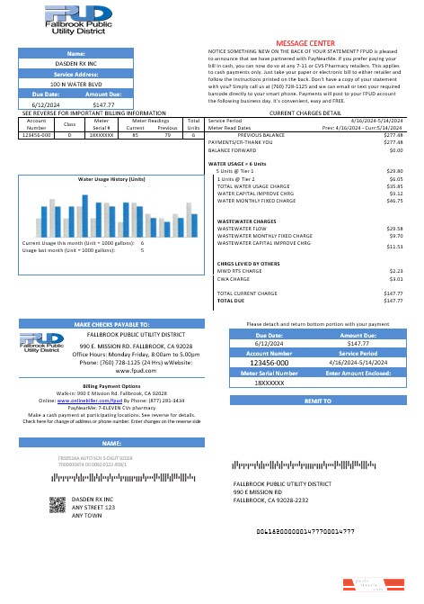 USA Fallbrook Public business utility bill template in Word and PDF formats